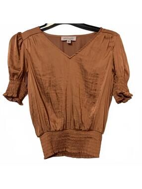 Philosophy Republic Caramel Puff Sleeve Lightweight V-Neck Smocked Top Small